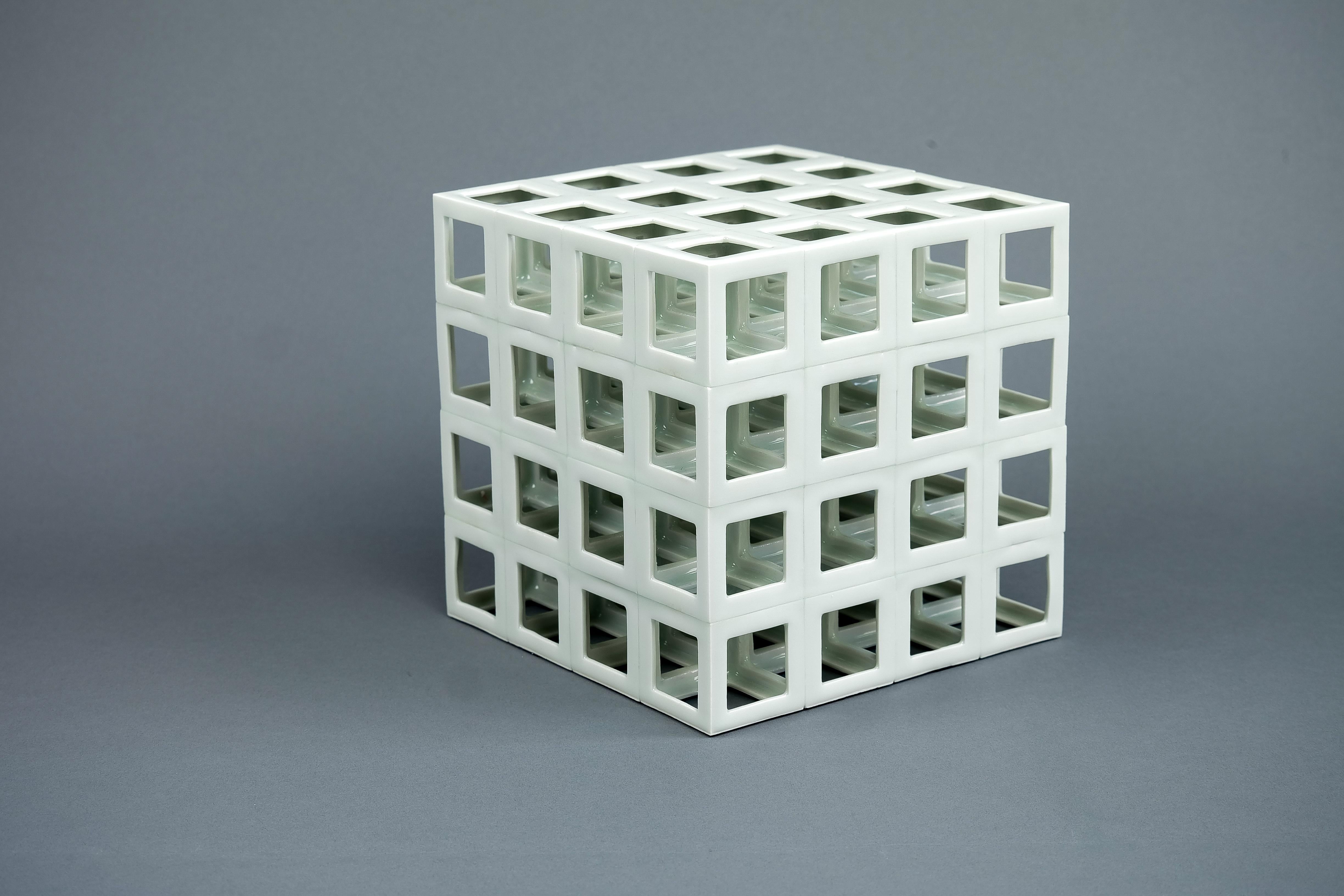 Japanese White Minimal Geometric Porcelain Sculpture (Cube Shape) For Sale