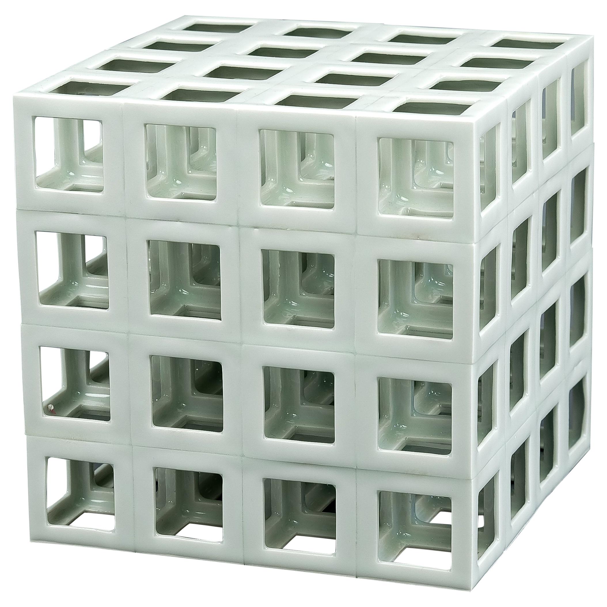 White Minimal Geometric Porcelain Sculpture (Cube Shape) For Sale