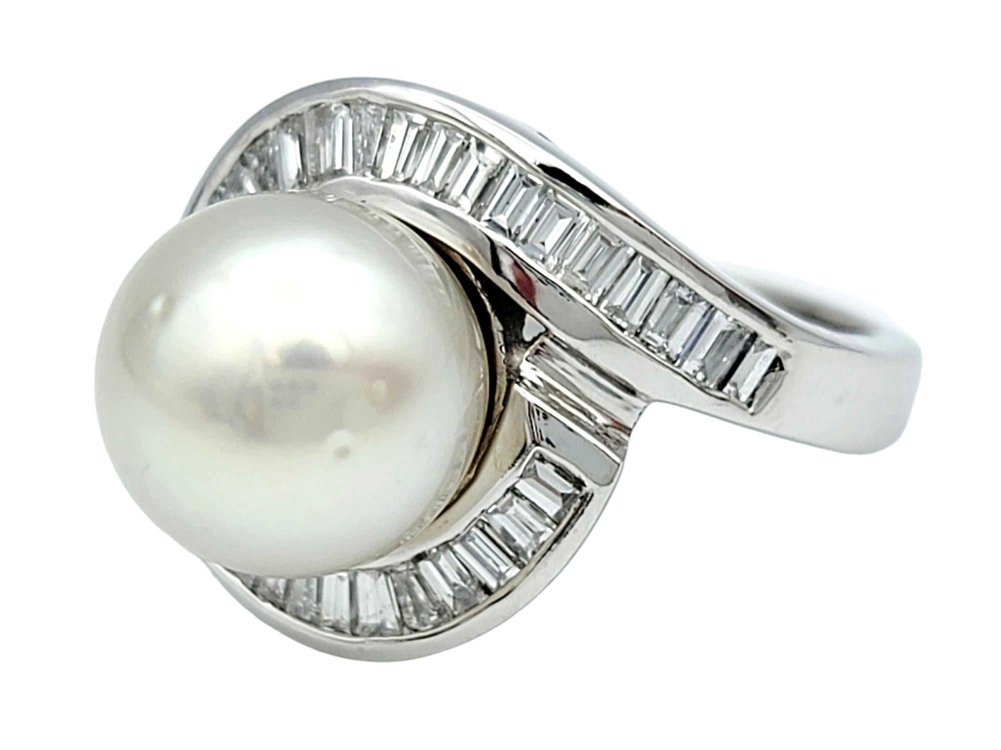 Contemporary White Cultured Akoya Pearl and Baguette Diamond Halo Ring in 18 Karat White Gold For Sale