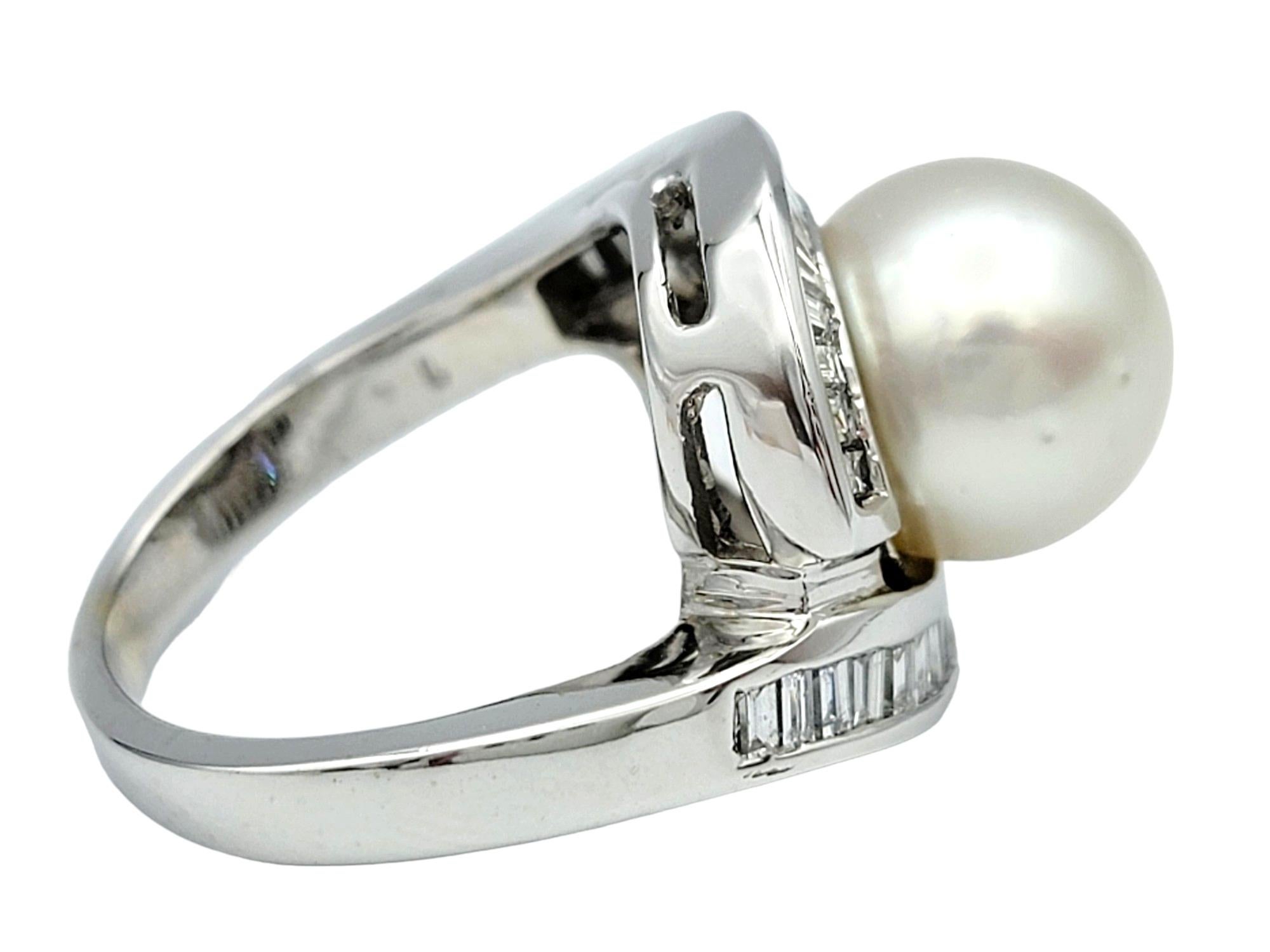Baguette Cut White Cultured Akoya Pearl and Baguette Diamond Halo Ring in 18 Karat White Gold For Sale