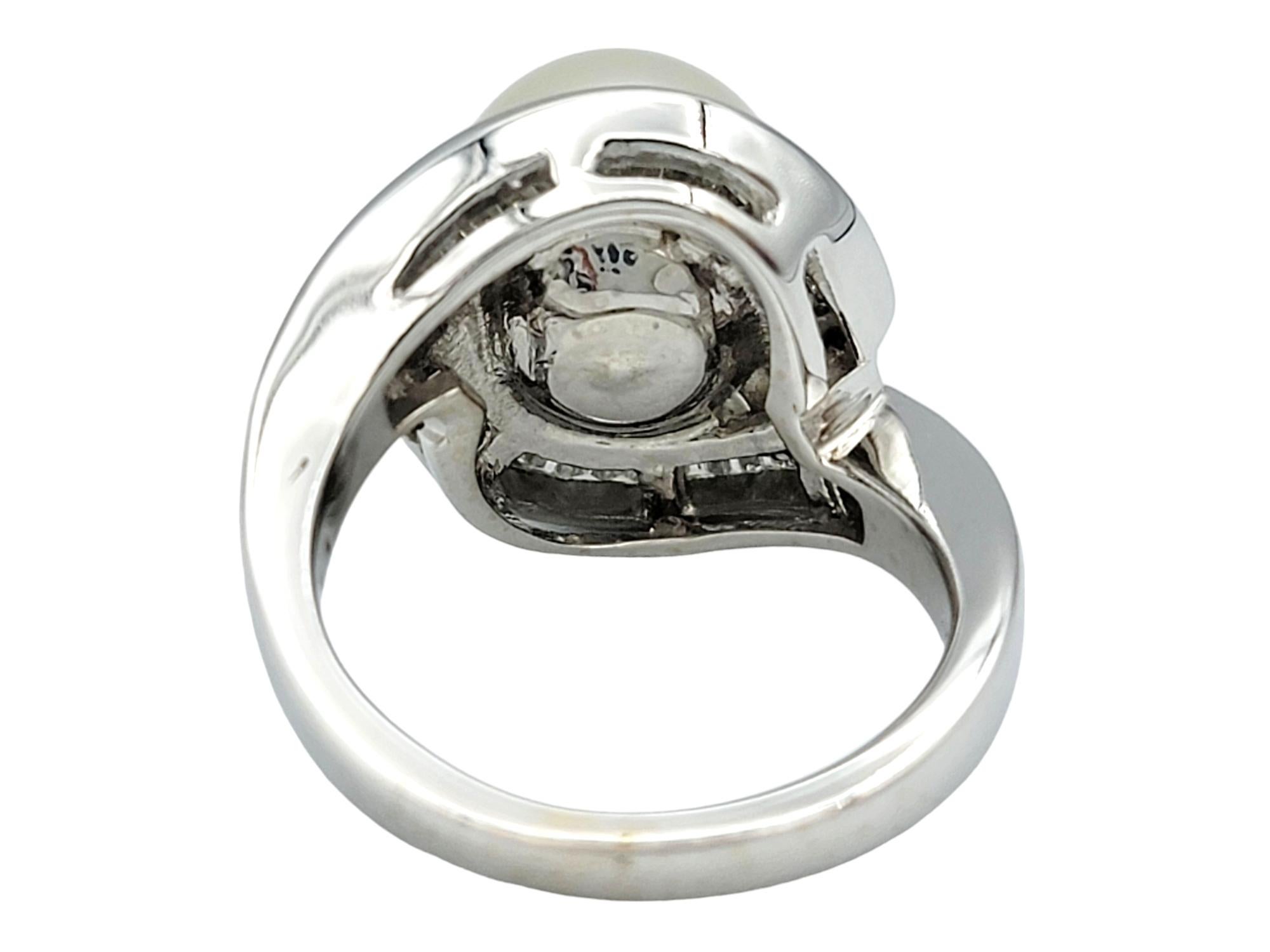 White Cultured Akoya Pearl and Baguette Diamond Halo Ring in 18 Karat White Gold In Good Condition For Sale In Scottsdale, AZ