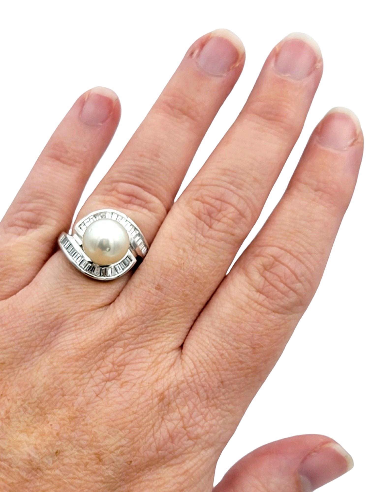 Women's White Cultured Akoya Pearl and Baguette Diamond Halo Ring in 18 Karat White Gold For Sale