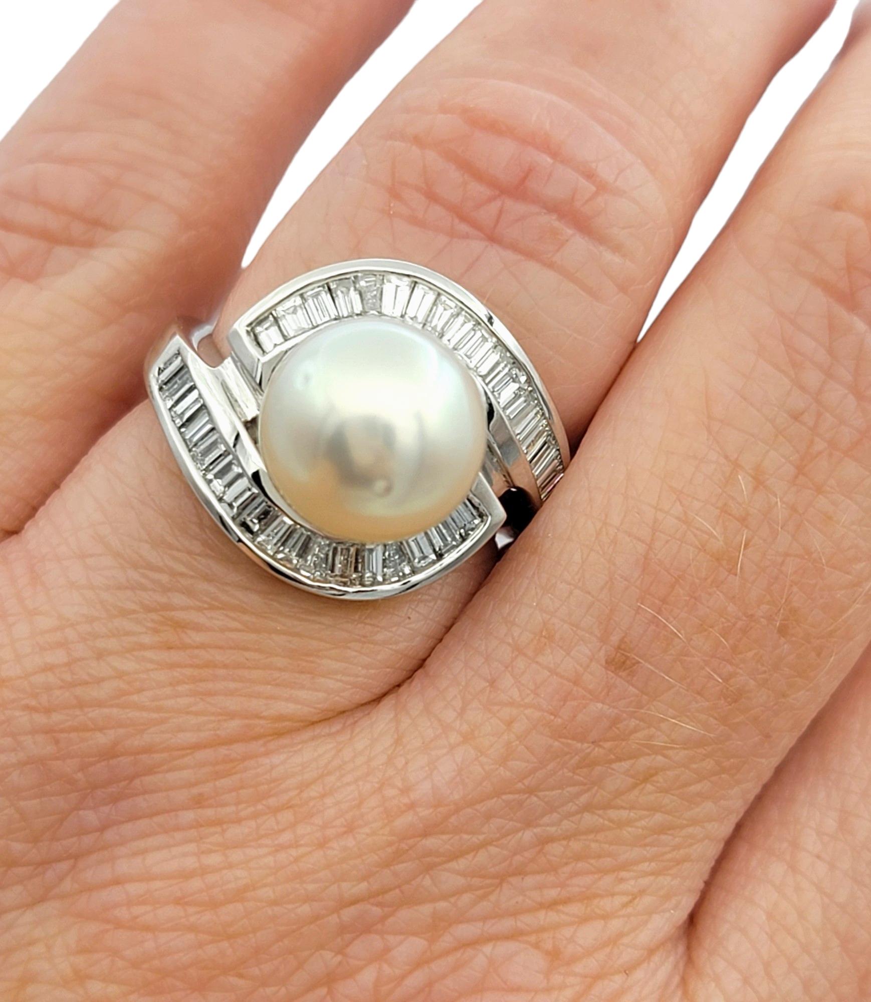 White Cultured Akoya Pearl and Baguette Diamond Halo Ring in 18 Karat White Gold For Sale 1