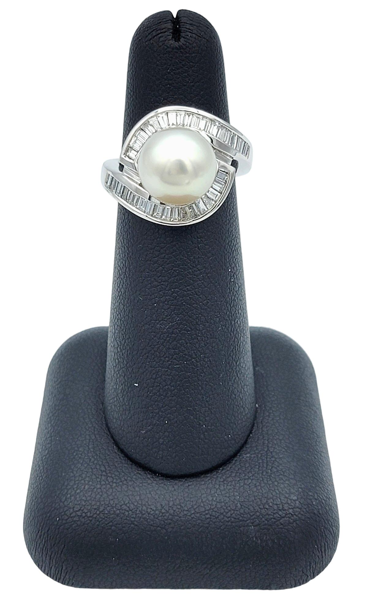 White Cultured Akoya Pearl and Baguette Diamond Halo Ring in 18 Karat White Gold For Sale 2