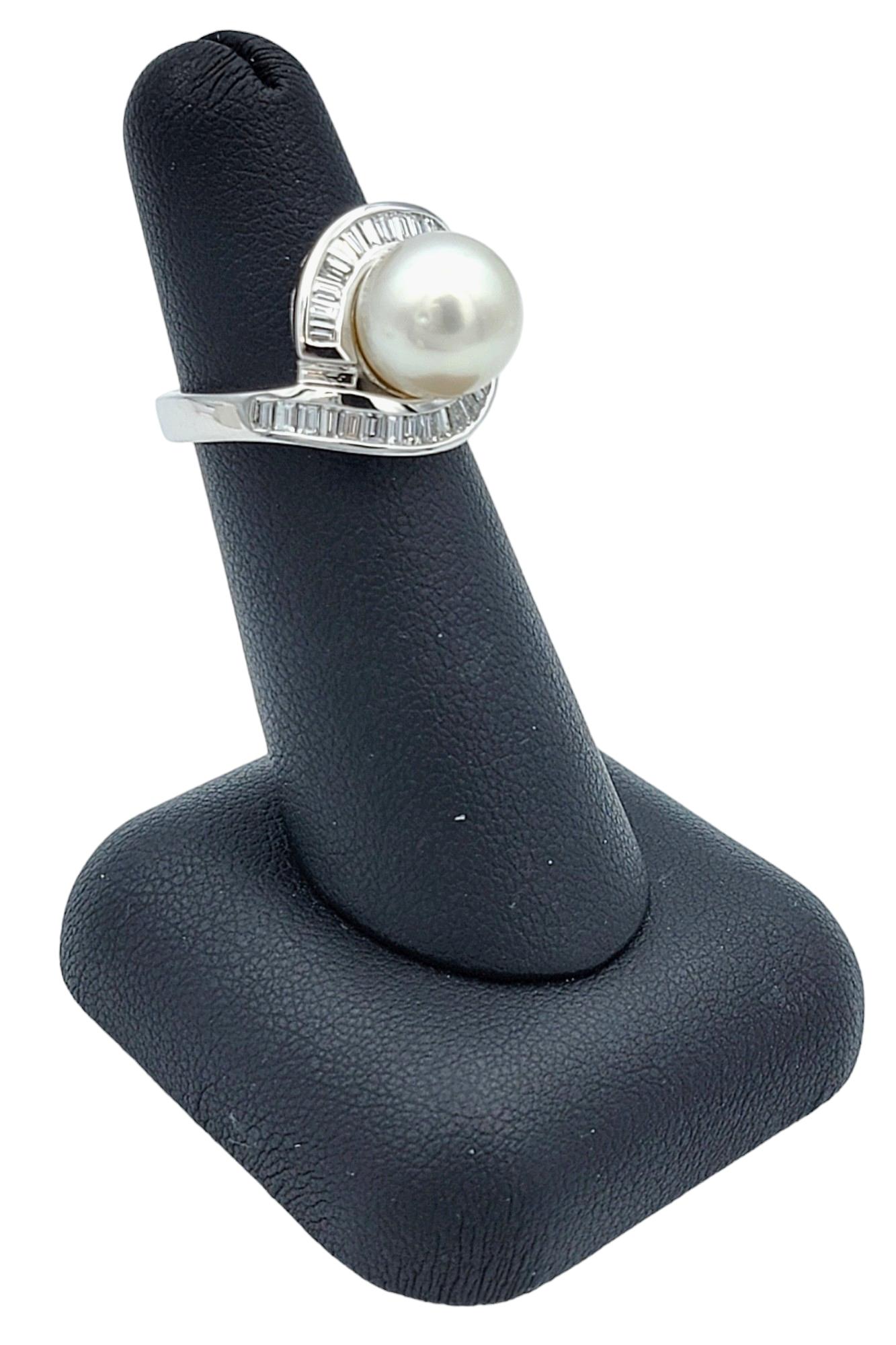 White Cultured Akoya Pearl and Baguette Diamond Halo Ring in 18 Karat White Gold For Sale 3