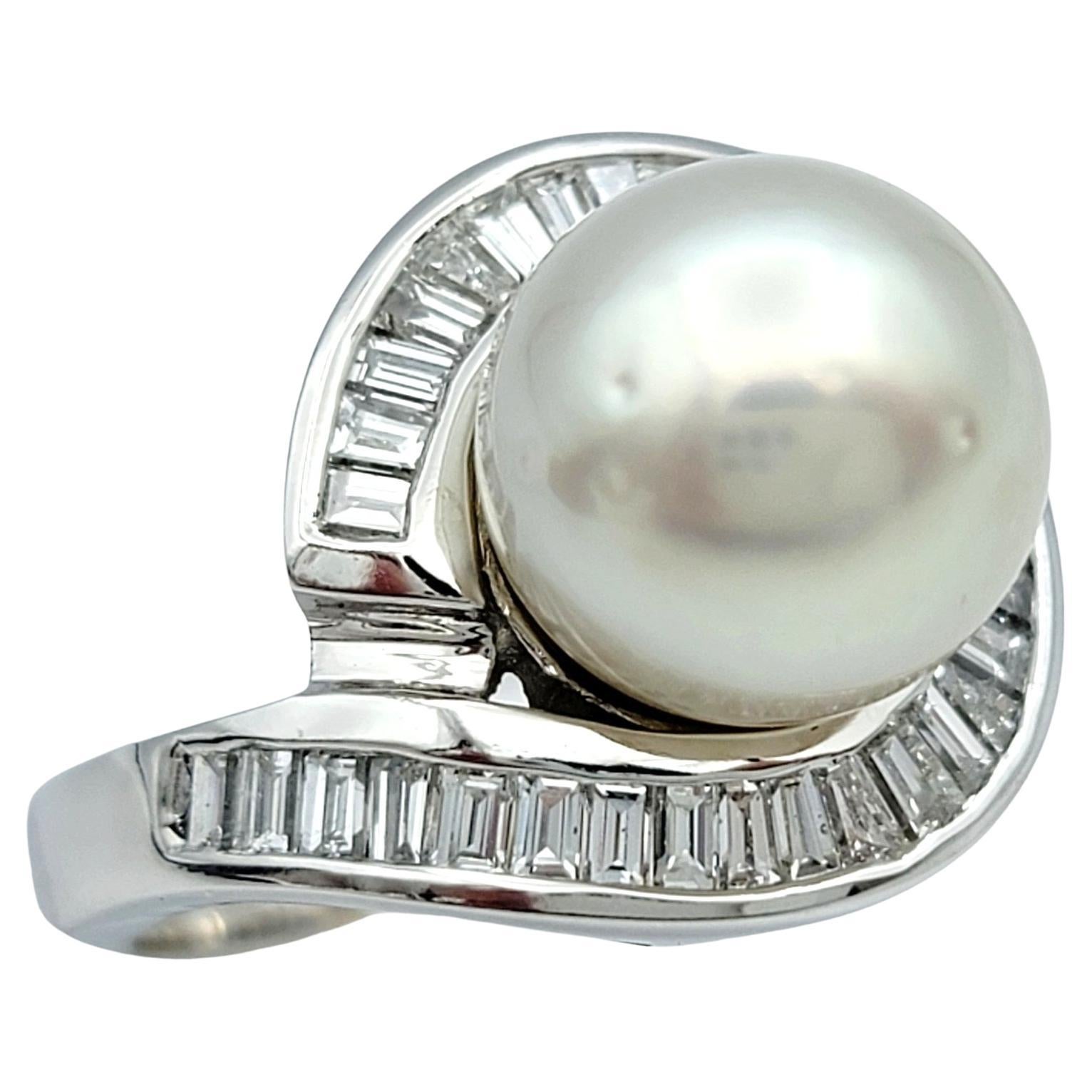 White Cultured Akoya Pearl and Baguette Diamond Halo Ring in 18 Karat White Gold For Sale