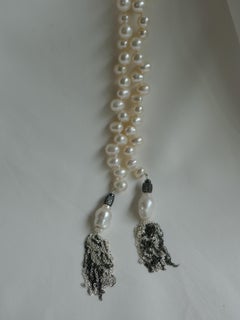 White Cultured Drop Pearls with Sterling Tassel Long Lariat Necklace
