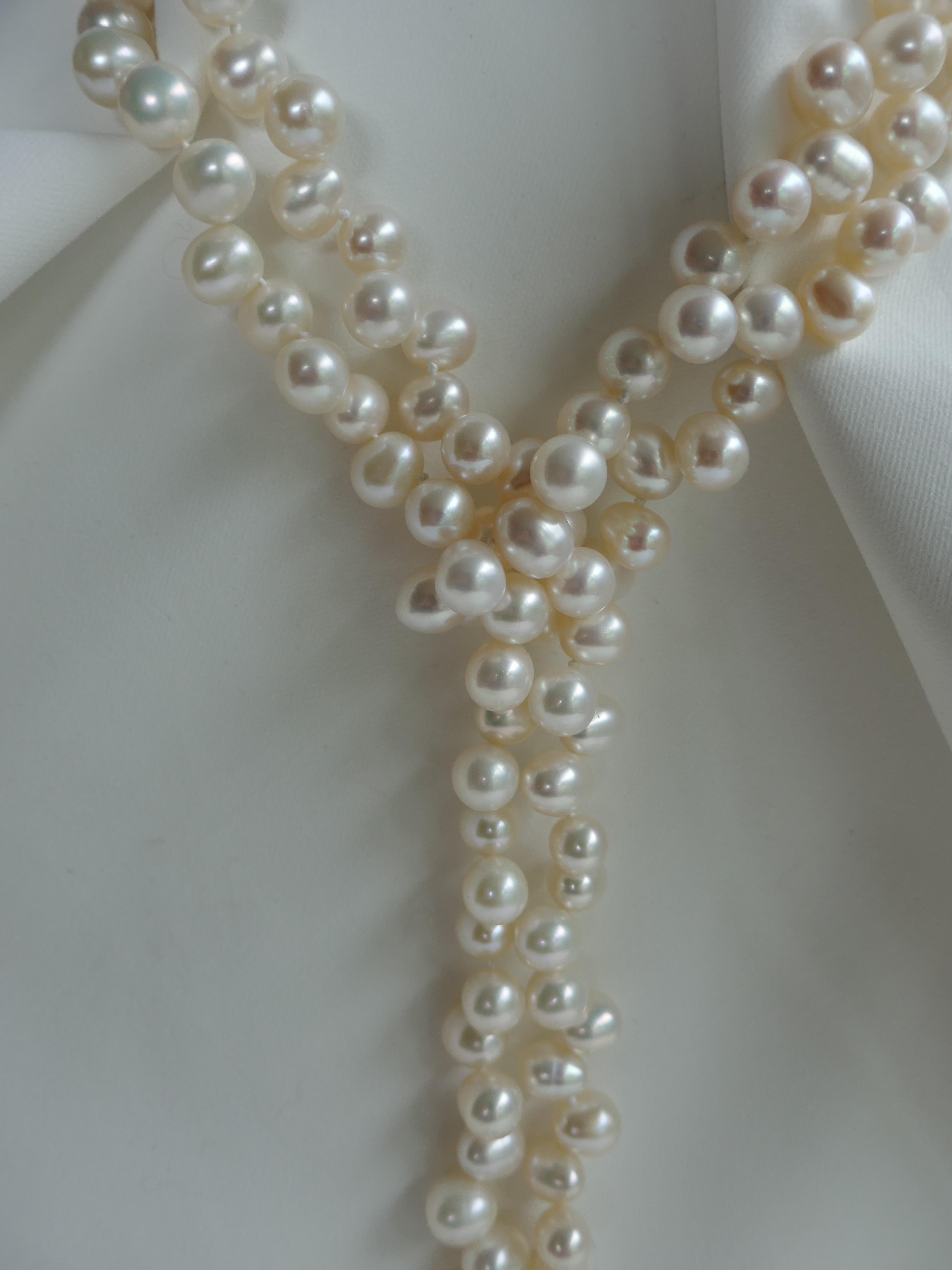 Contemporary White Cultured Drop Pearls with Sterling Tassel Long Lariat Necklace For Sale