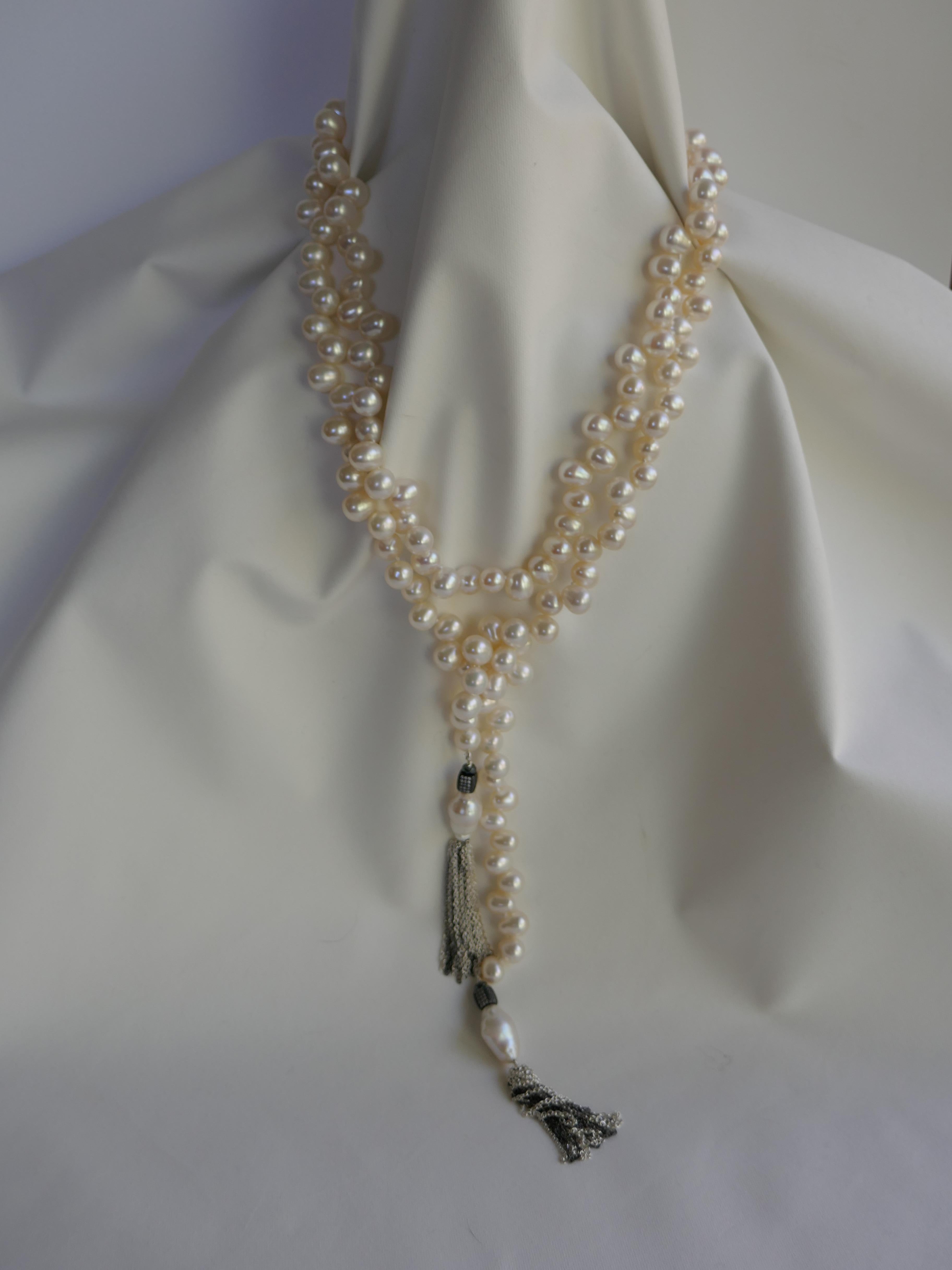 Women's White Cultured Drop Pearls with Sterling Tassel Long Lariat Necklace For Sale