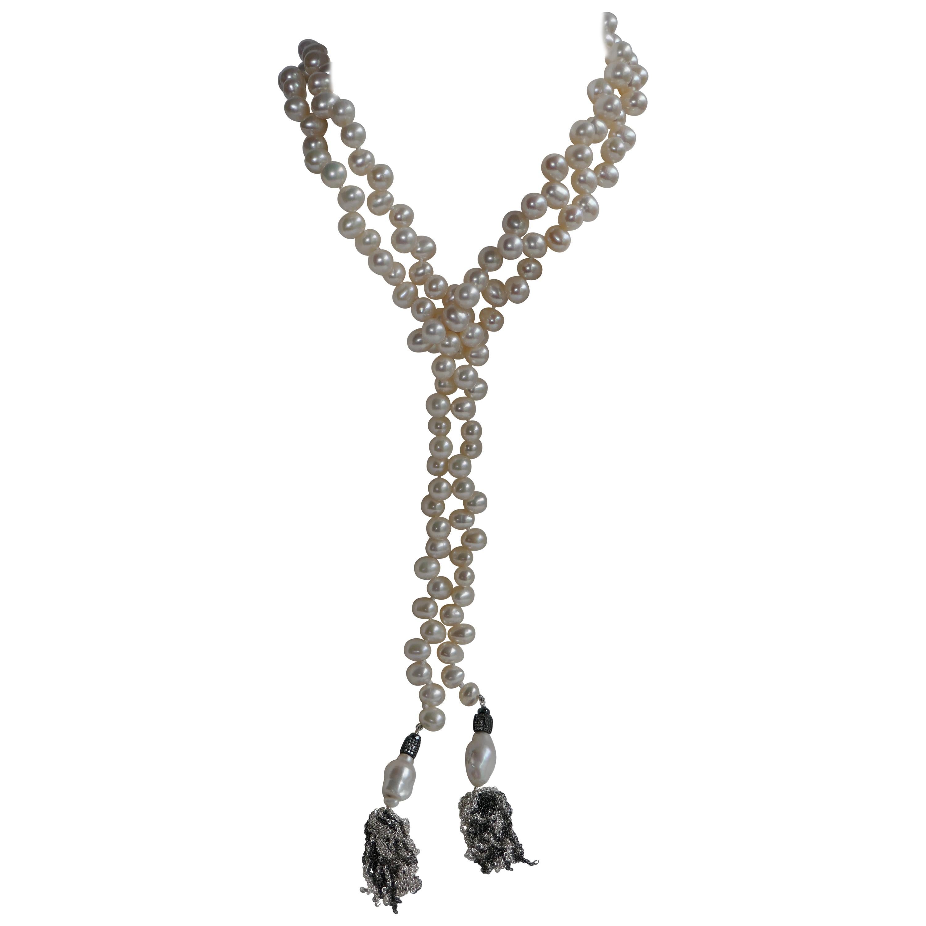 White Cultured Drop Pearls with Sterling Tassel Long Lariat Necklace For Sale