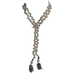 White Cultured Drop Pearls with Sterling Tassel Long Lariat Necklace