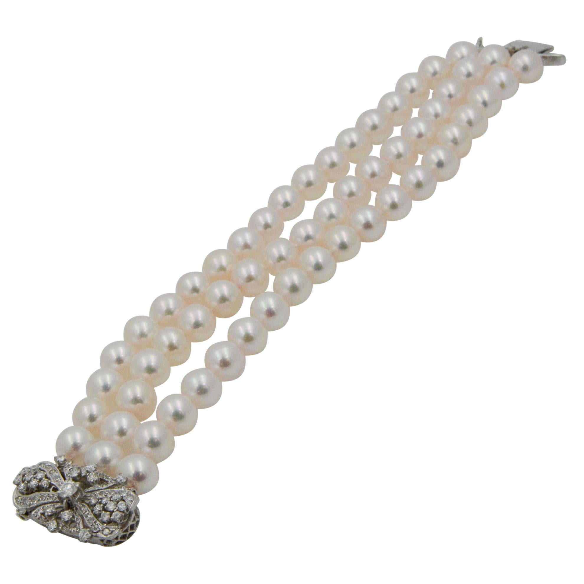 White Cultured Pearl 18 Karat White Gold and Diamond 3-Row Bracelet
