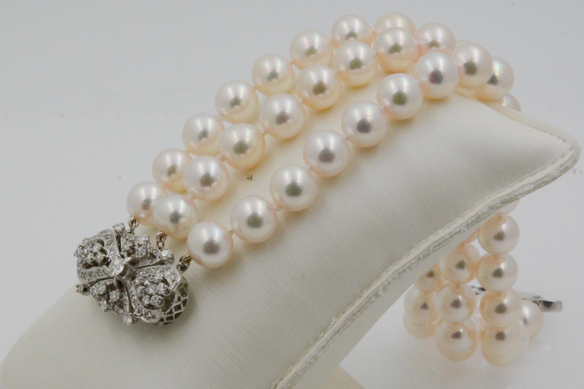 Modern White Cultured Pearl 18 Karat White Gold and Diamond 3-Row Bracelet