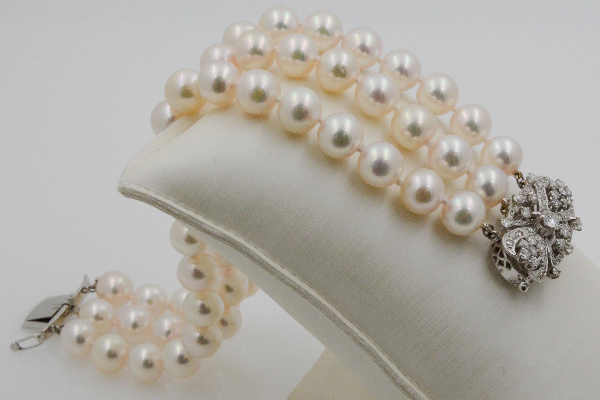 Round Cut White Cultured Pearl 18 Karat White Gold and Diamond 3-Row Bracelet