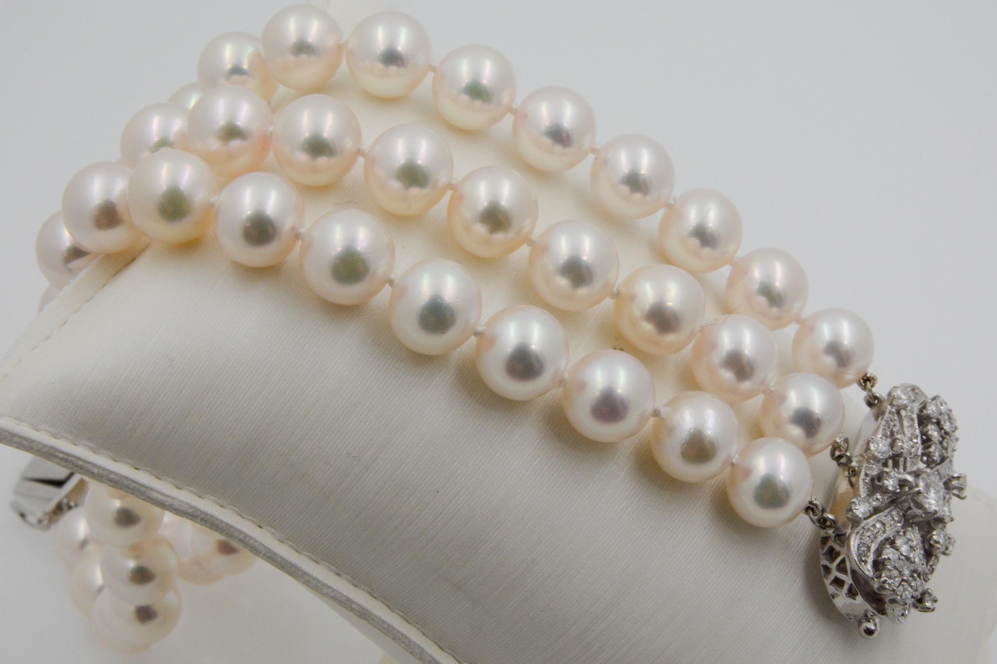 White Cultured Pearl 18 Karat White Gold and Diamond 3-Row Bracelet In Good Condition In Dallas, TX