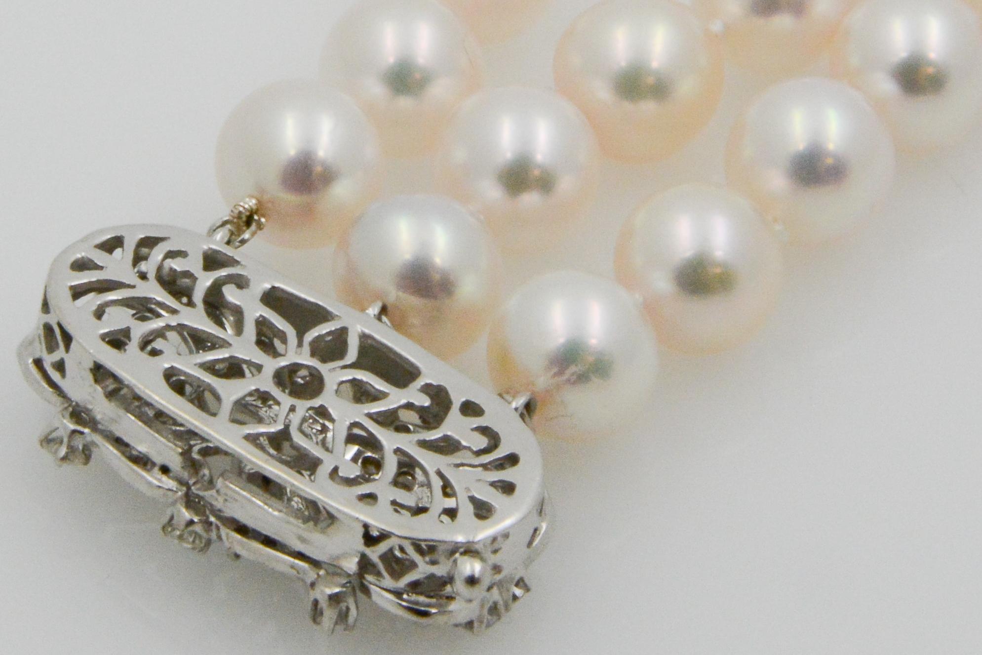 White Cultured Pearl 18 Karat White Gold and Diamond 3-Row Bracelet 1