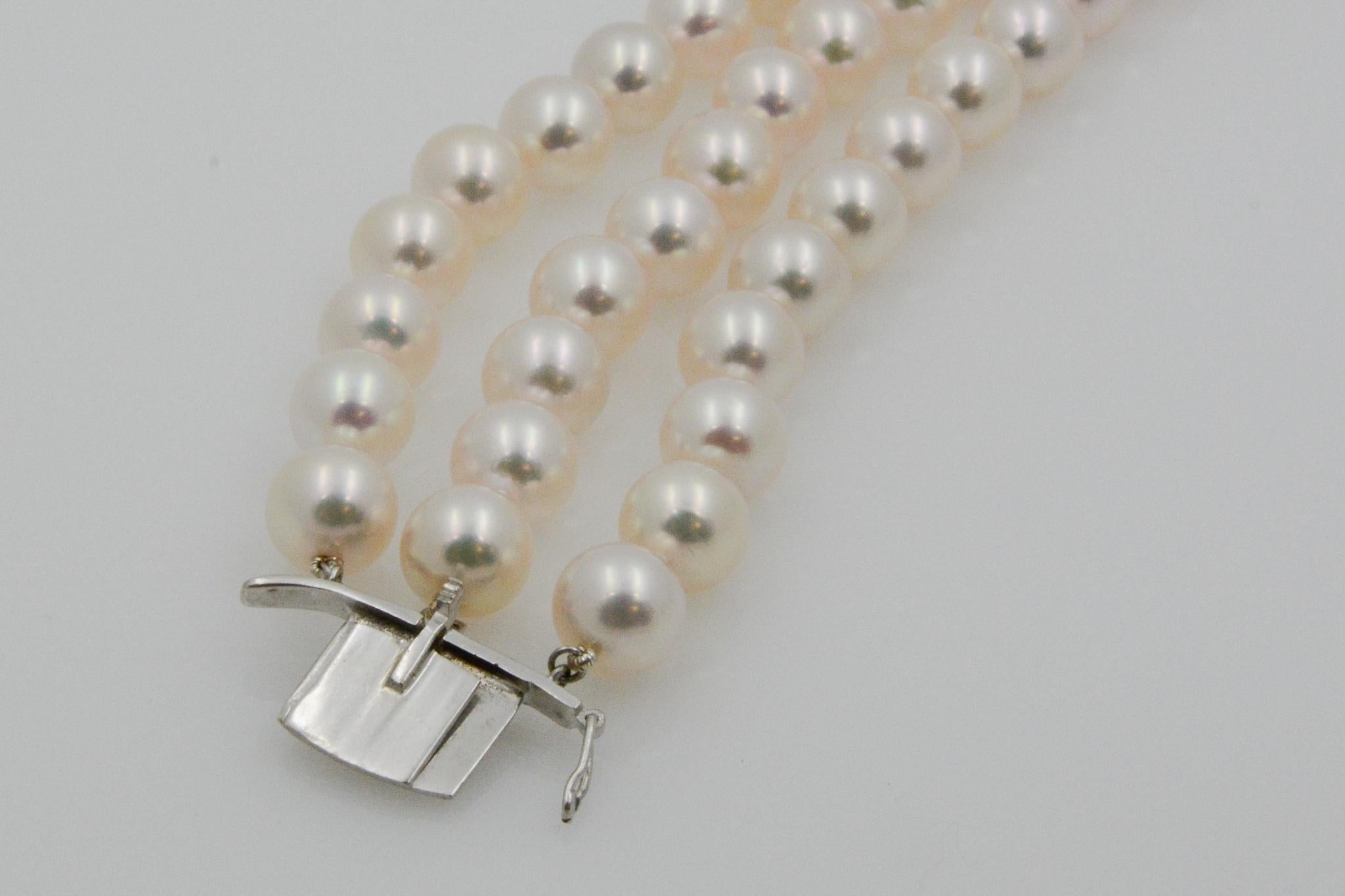 White Cultured Pearl 18 Karat White Gold and Diamond 3-Row Bracelet 2