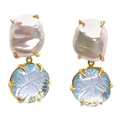 White Cultured Pearl and Carved Cabochon Blue Topaz Drop Earrings