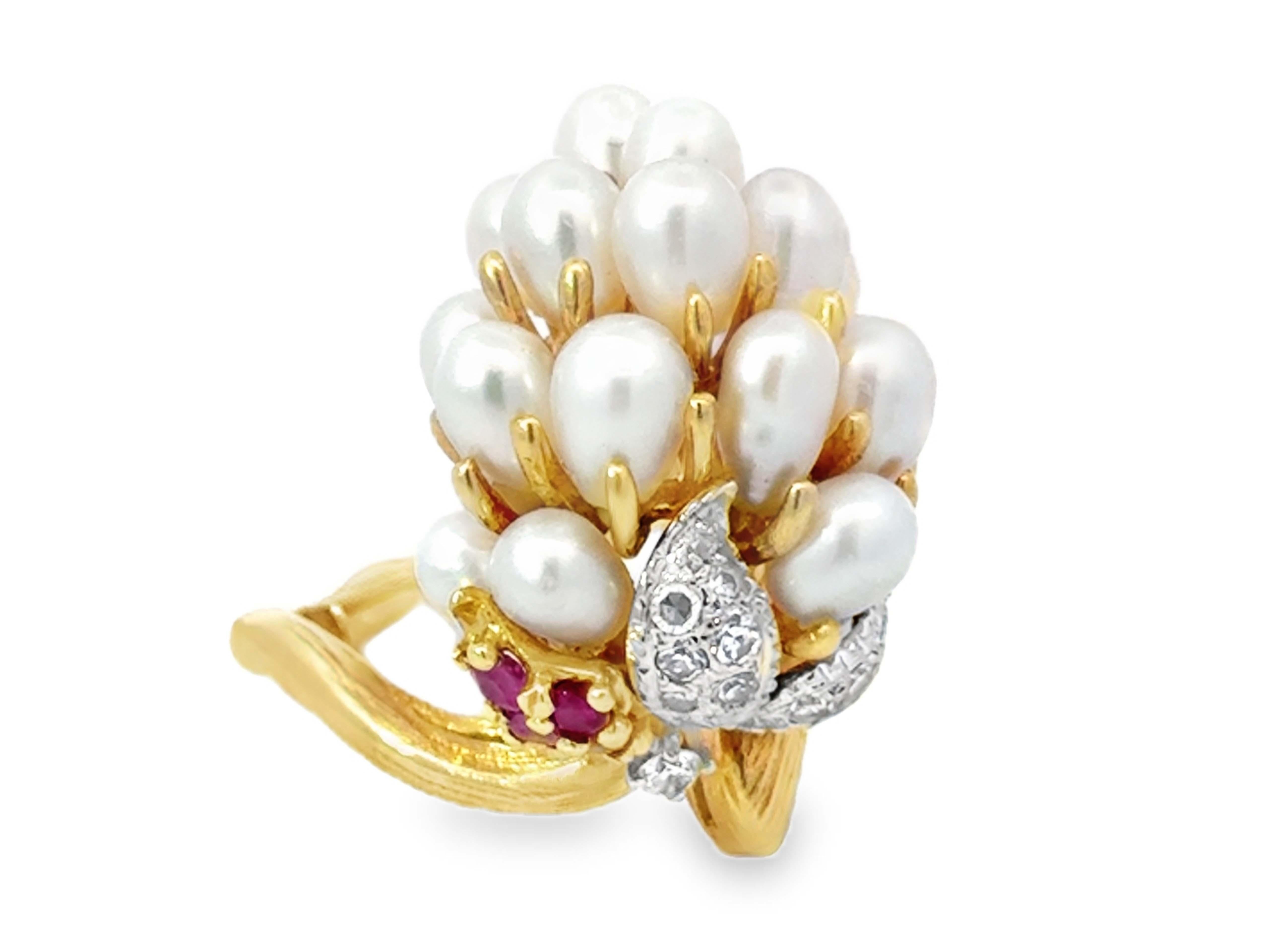 Brilliant Cut White Cultured Pearl Cluster Diamond and Ruby Ring 18k Yellow Gold For Sale