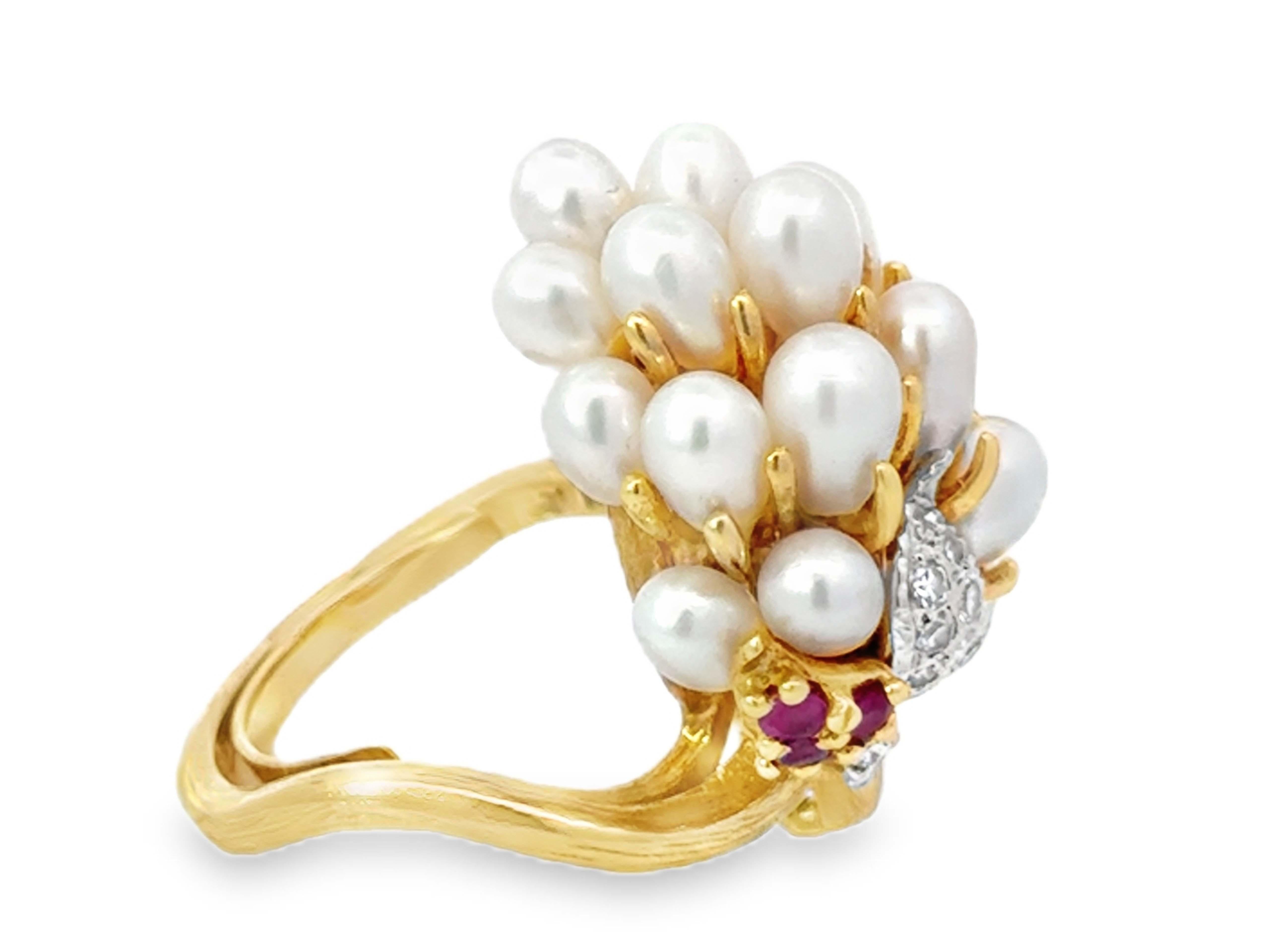 Women's or Men's White Cultured Pearl Cluster Diamond and Ruby Ring 18k Yellow Gold For Sale
