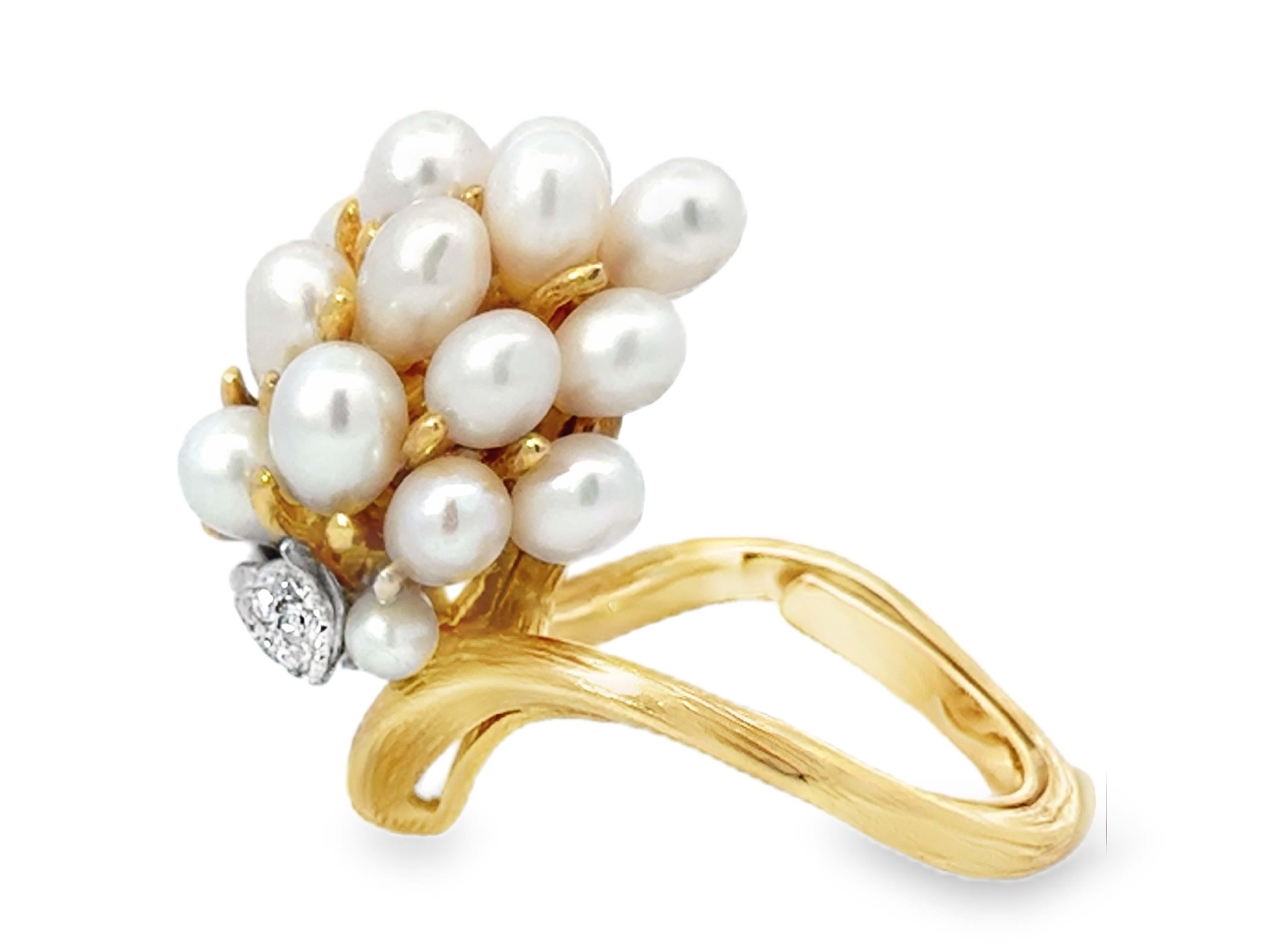 White Cultured Pearl Cluster Diamond and Ruby Ring 18k Yellow Gold For Sale 1