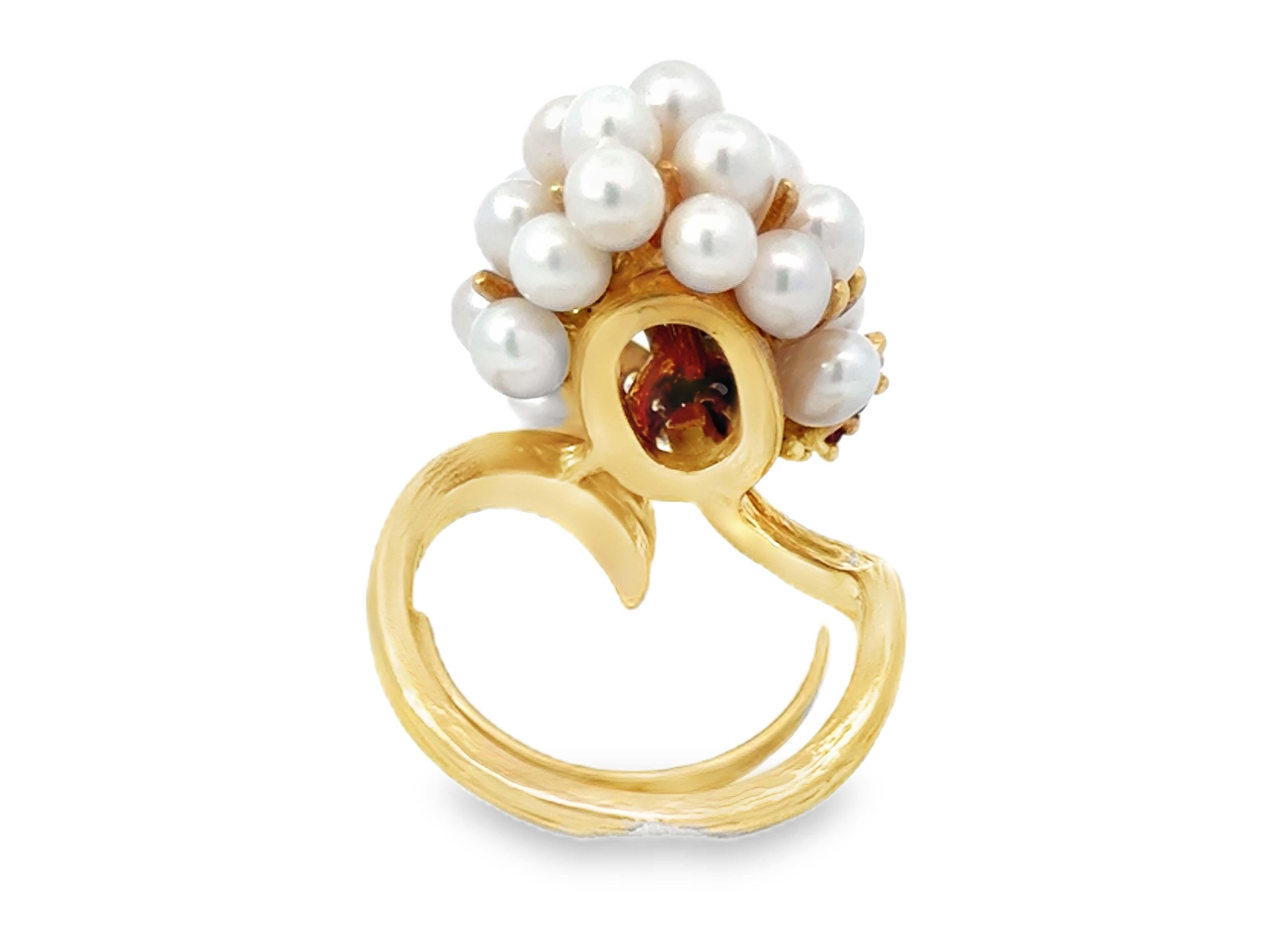 White Cultured Pearl Cluster Diamond and Ruby Ring 18k Yellow Gold For Sale 2