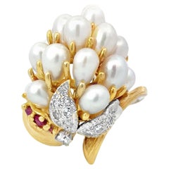 White Cultured Pearl Cluster Diamond and Ruby Ring 18k Yellow Gold