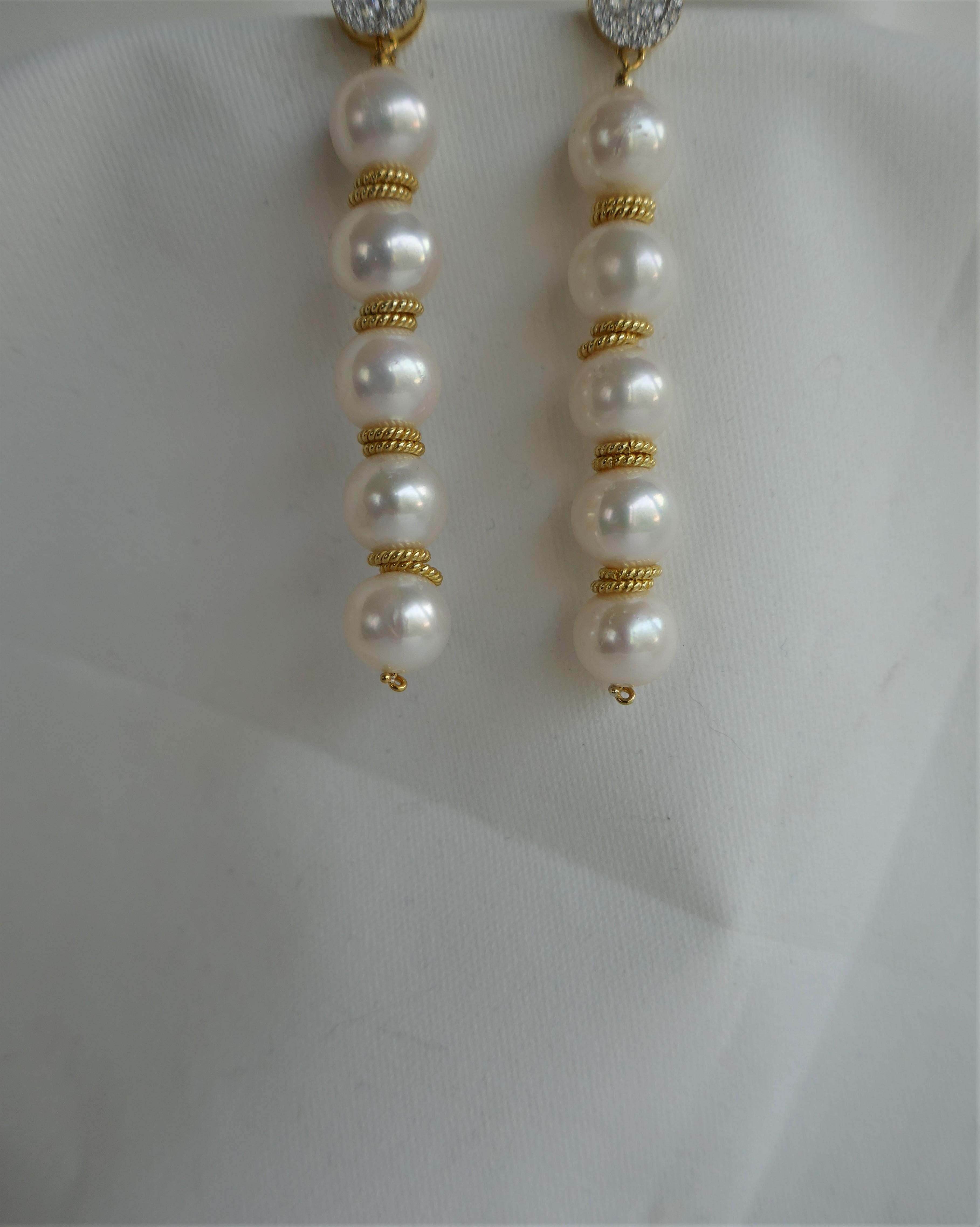 These earrings are stunn1ng. The white cultured pearls are 10mm 925 sterling silver vermeil rings separates them. The hang from a 925 vermeil 8mm  cubic zirconia screw backs post. A rubber post can be used replace the screw back. The earrings are 2
