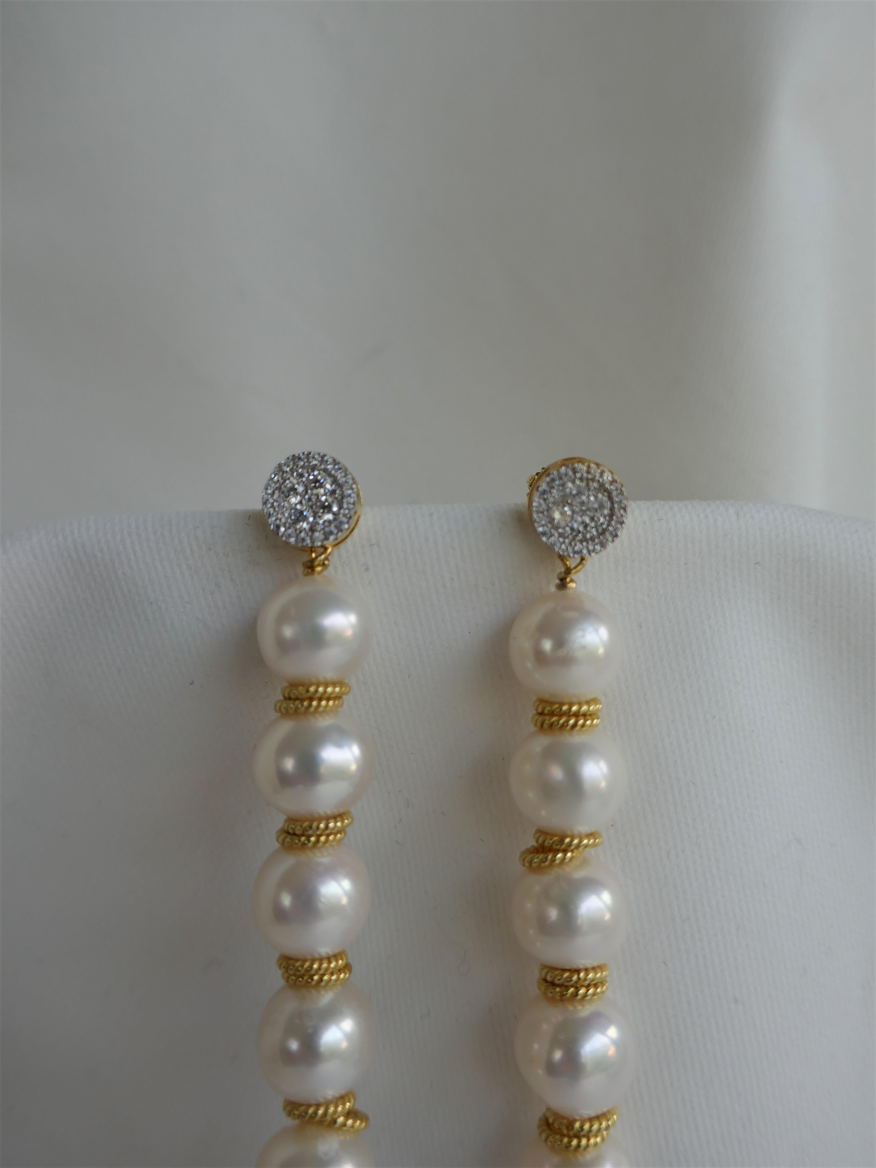Modern White Cultured Pearl Cubic Zirconia 925 Vermeil Sterling Silver Earrings For Sale