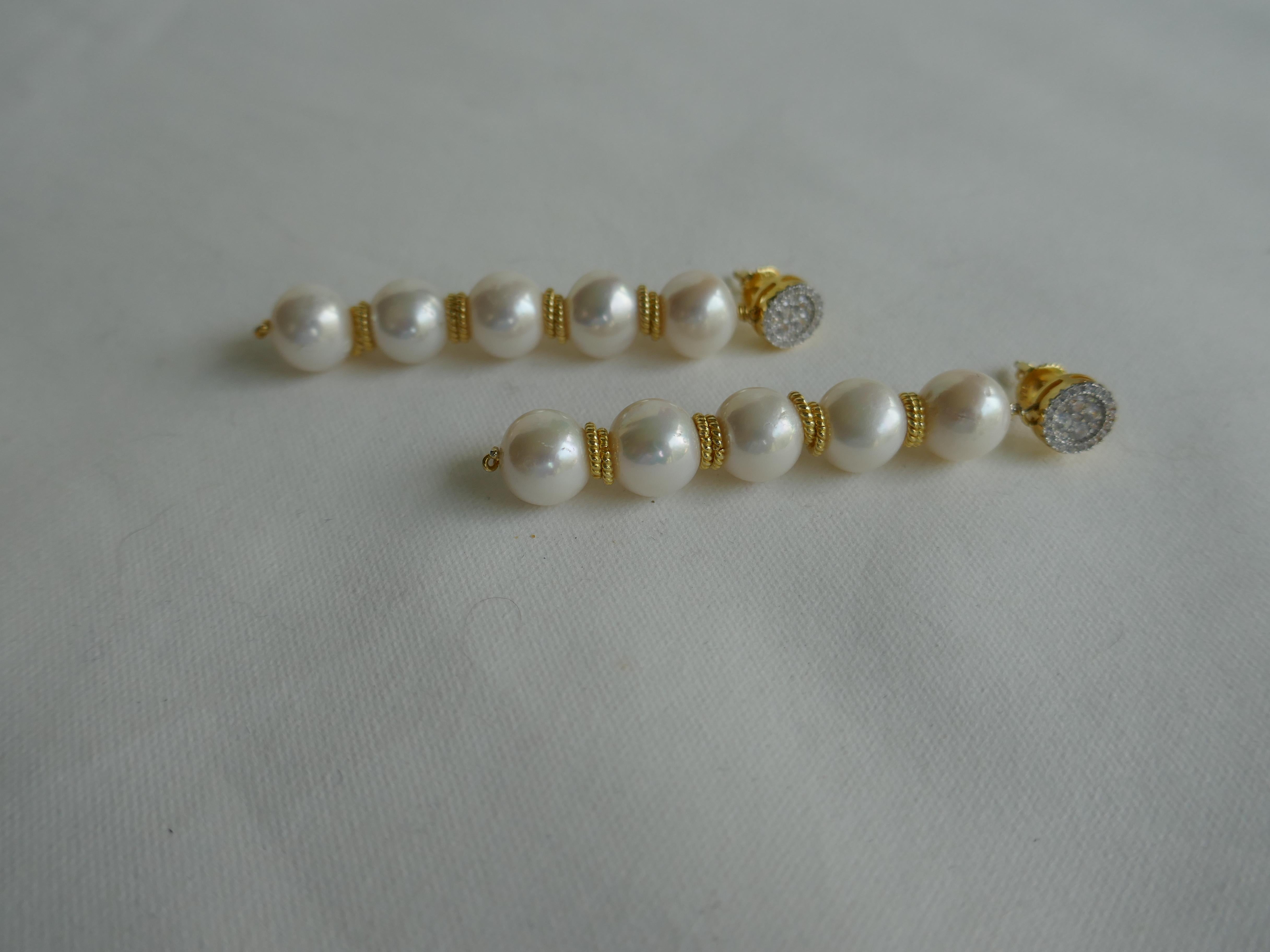 White Cultured Pearl Cubic Zirconia 925 Vermeil Sterling Silver Earrings In New Condition For Sale In Coral Gables, FL