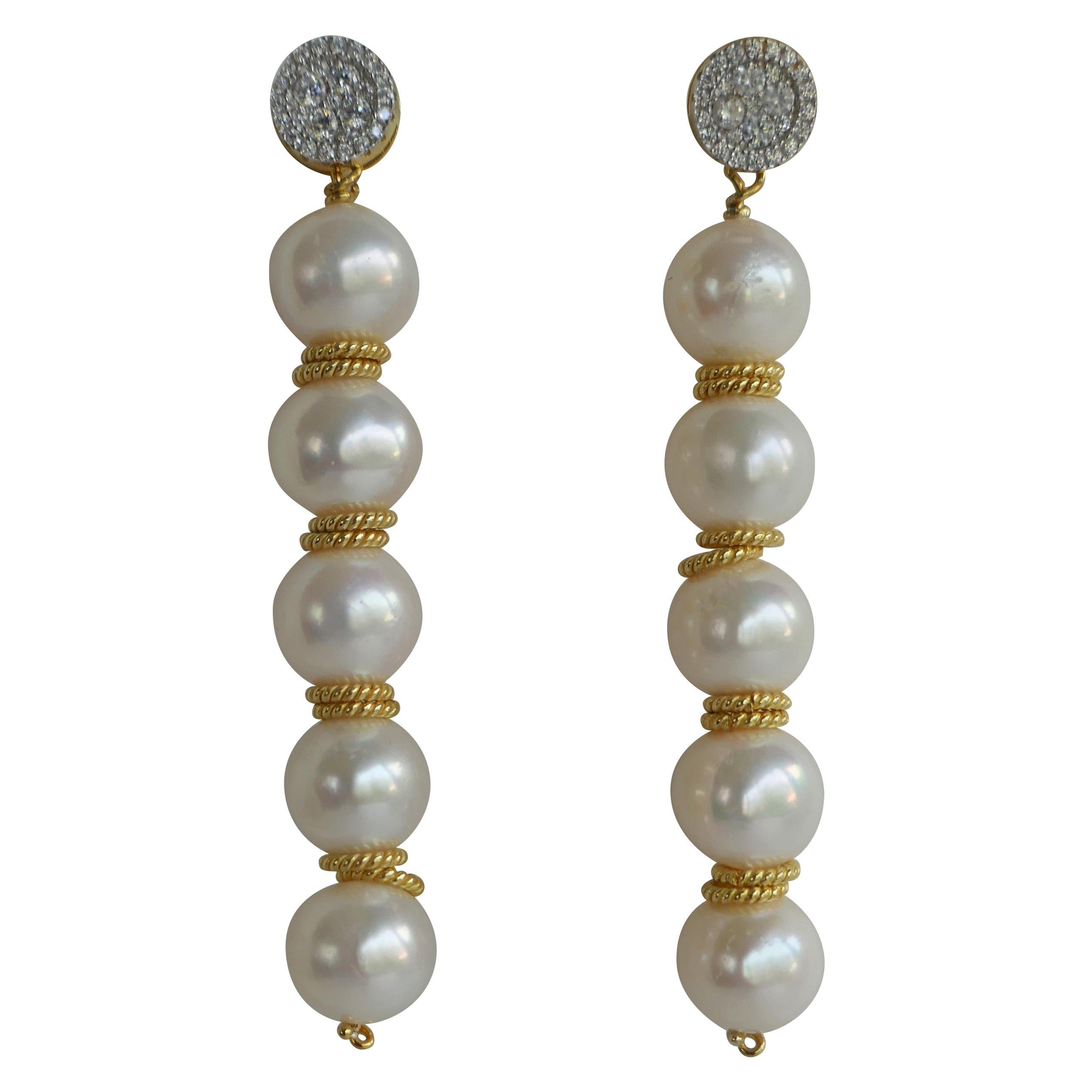 White Cultured Pearl Cubic Zirconia 925 Vermeil Sterling Silver Earrings For Sale