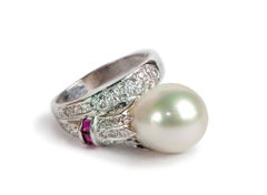 White Cultured Pearl, Ruby and Diamond Cocktail Ring in 18K White Gold