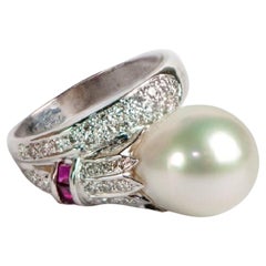White Cultured Pearl, Ruby and Diamond Cocktail Ring in 18K White Gold
