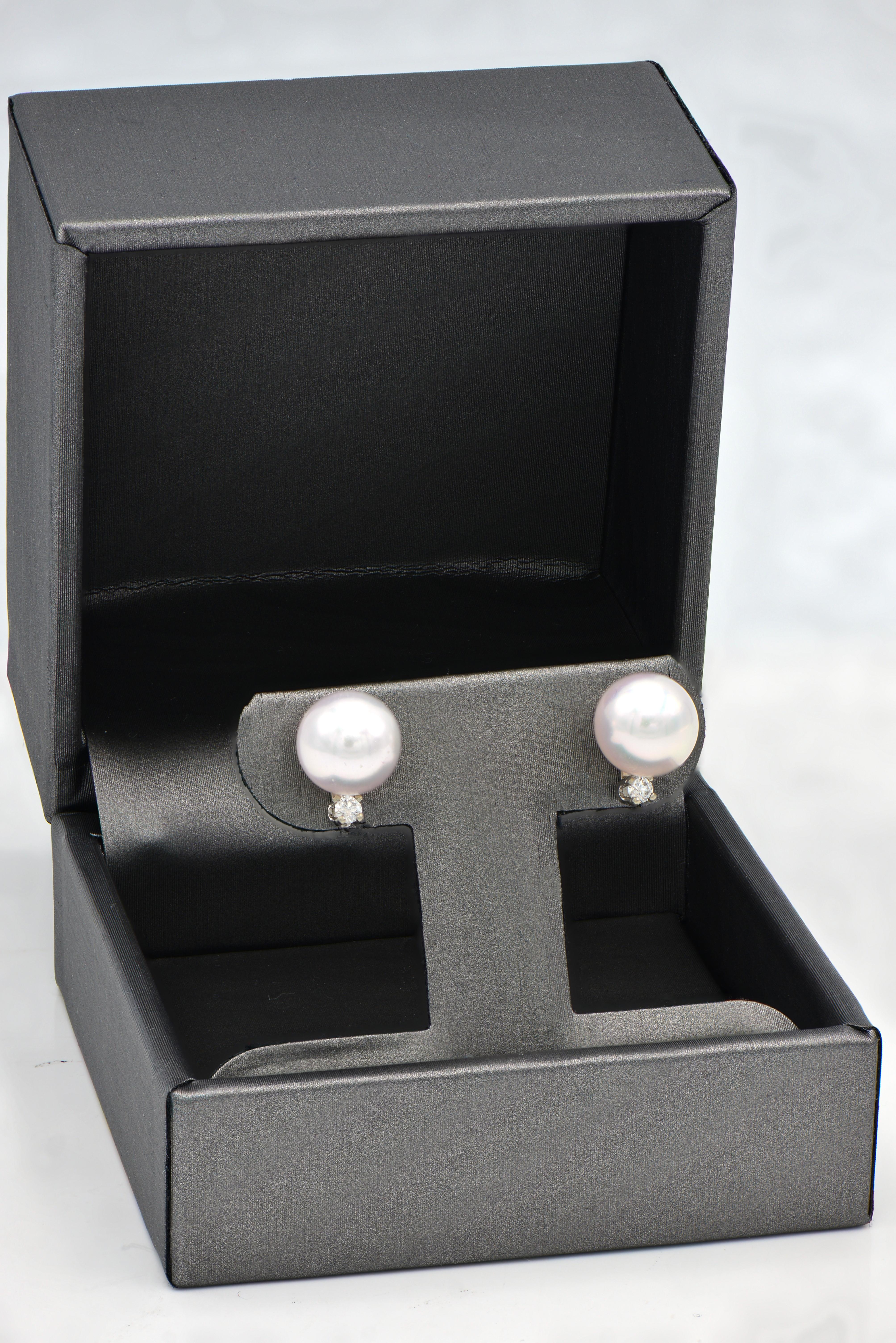 Contemporary White Cultured Pearl Stud Earring with Diamond in 14 Karat White Gold For Sale