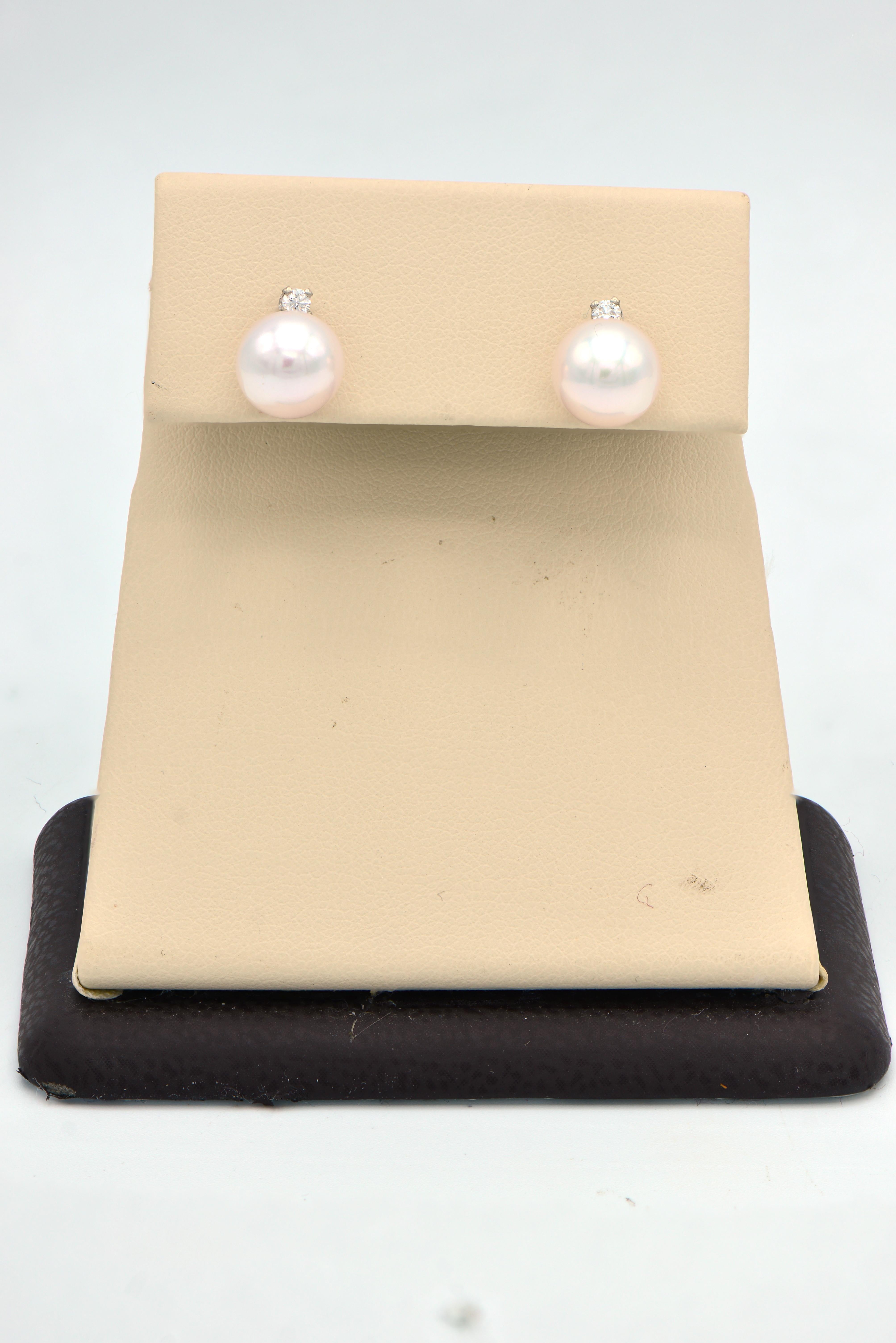 Round Cut White Cultured Pearl Stud Earring with Diamond in 14 Karat White Gold For Sale