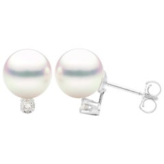 6.5-7mm White Cultured Pearl Stud Earring with Diamond in 14 Karat White Gold