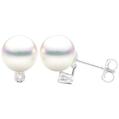 8-8.5mm White Cultured Pearl Stud Earring with Diamond in 14 Karat White Gold