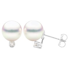 White Cultured Pearl Stud Earring with Diamond in 14 Karat White Gold