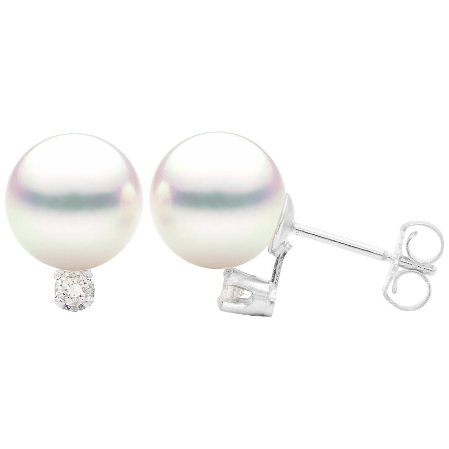 White Cultured Pearl Stud Earring with Diamond in 14 Karat White Gold ...