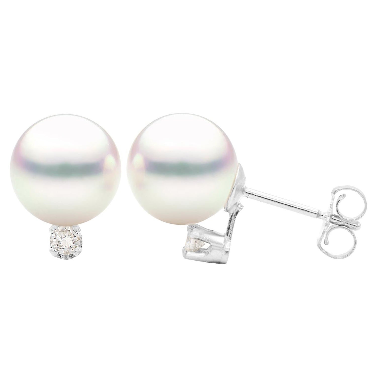 White Cultured Pearl Stud Earring with Diamond in 14 Karat White Gold For Sale