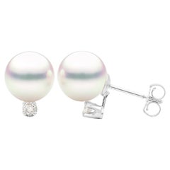 White Cultured Pearl Stud Earring with Diamond in 14 Karat White Gold