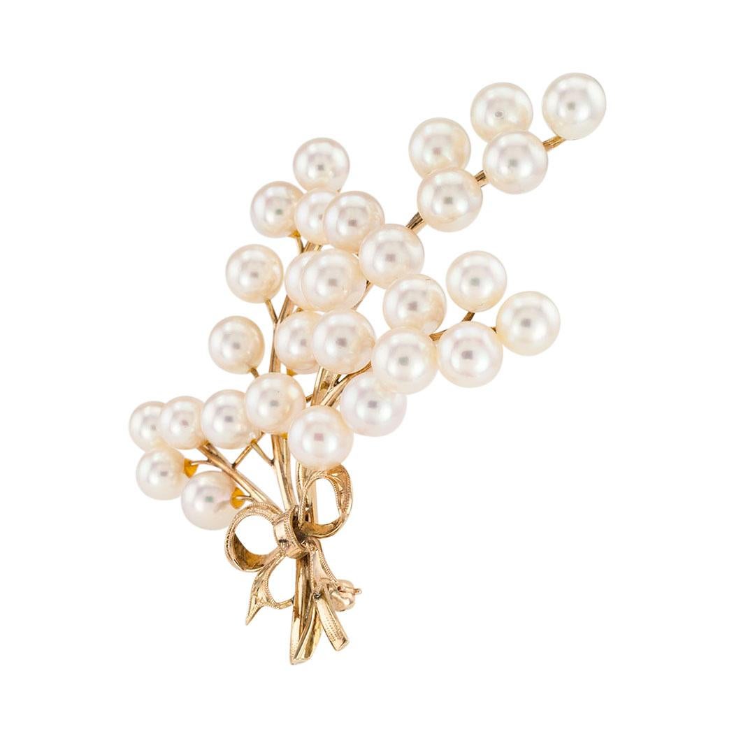 Modern White Cultured Pearl Yellow Gold Spray Brooch