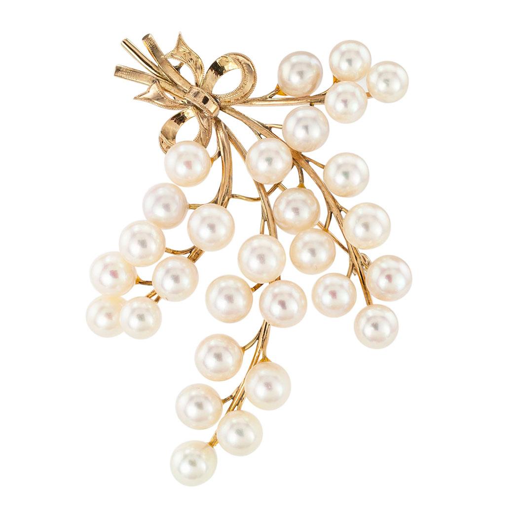 Uncut White Cultured Pearl Yellow Gold Spray Brooch