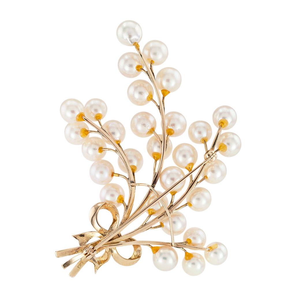Women's White Cultured Pearl Yellow Gold Spray Brooch