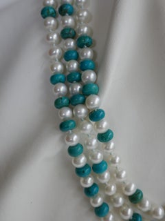 White Cultured Pearls Chinese Turquoise 925 Sterling  Clasp Necklace