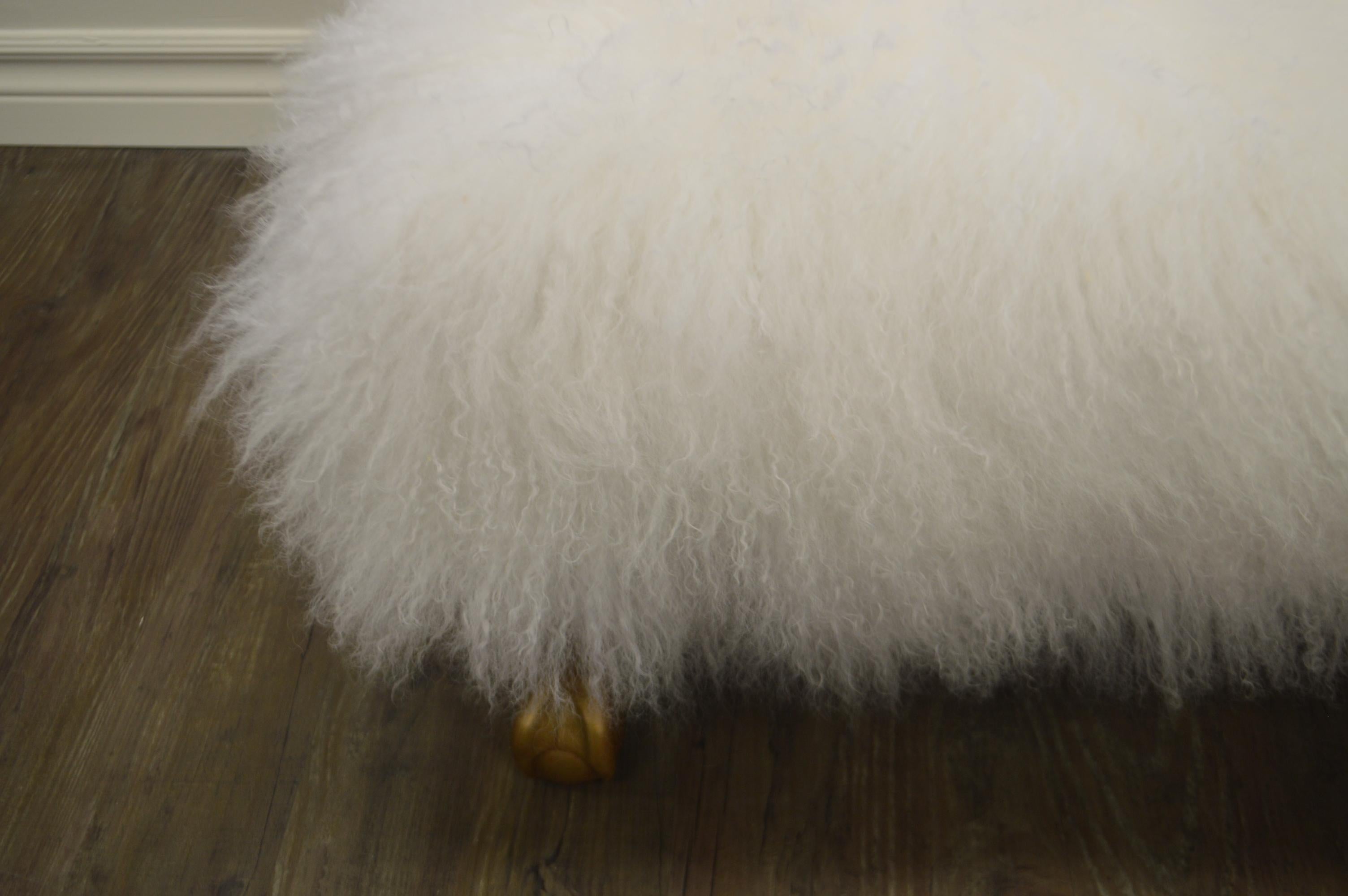 White Curly Lambswool Skin Ottoman, on Gilded Legs, Custom Made 3