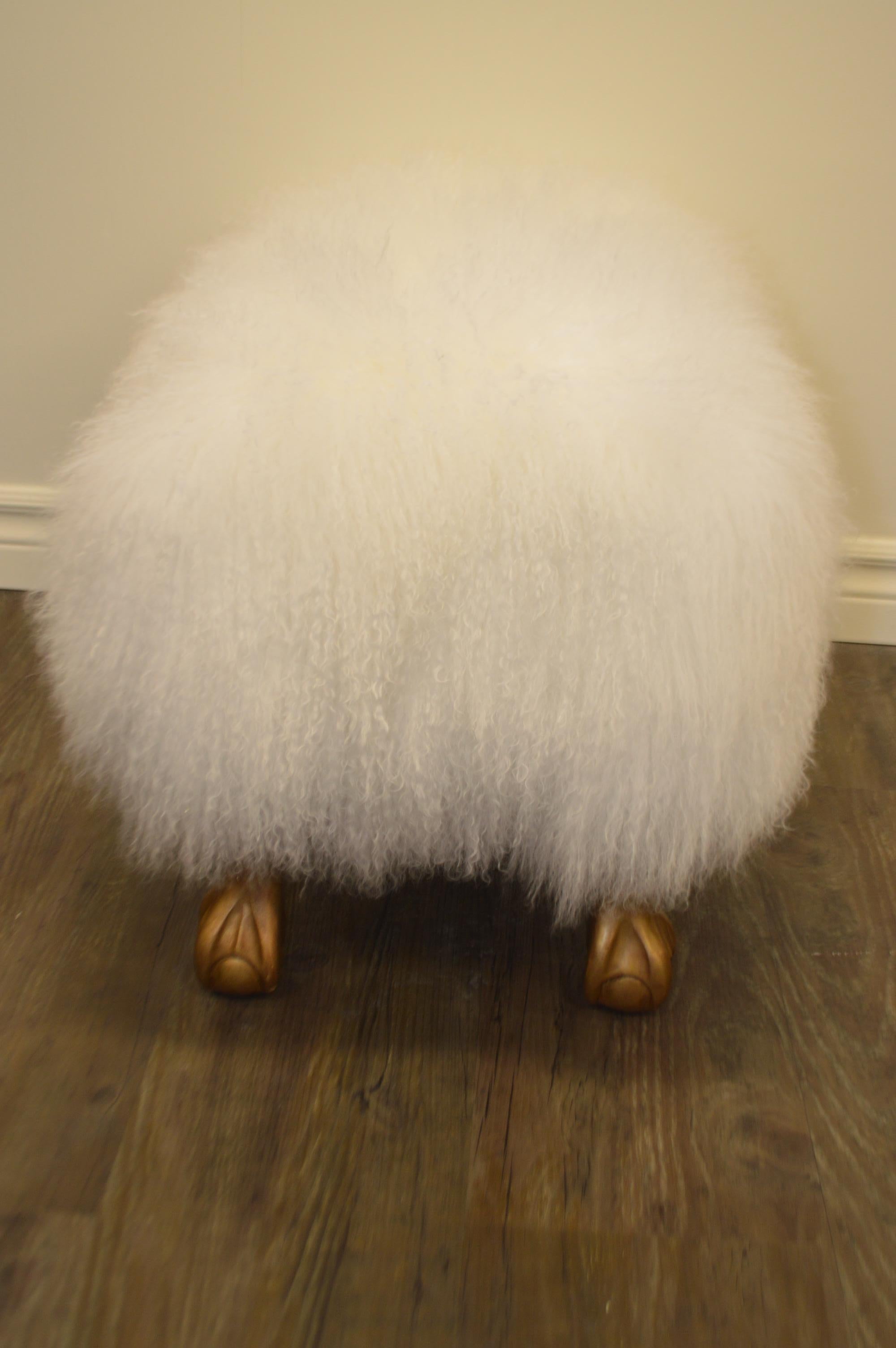 Canadian White Curly Lambswool Skin Ottoman, on Gilded Legs, Custom Made