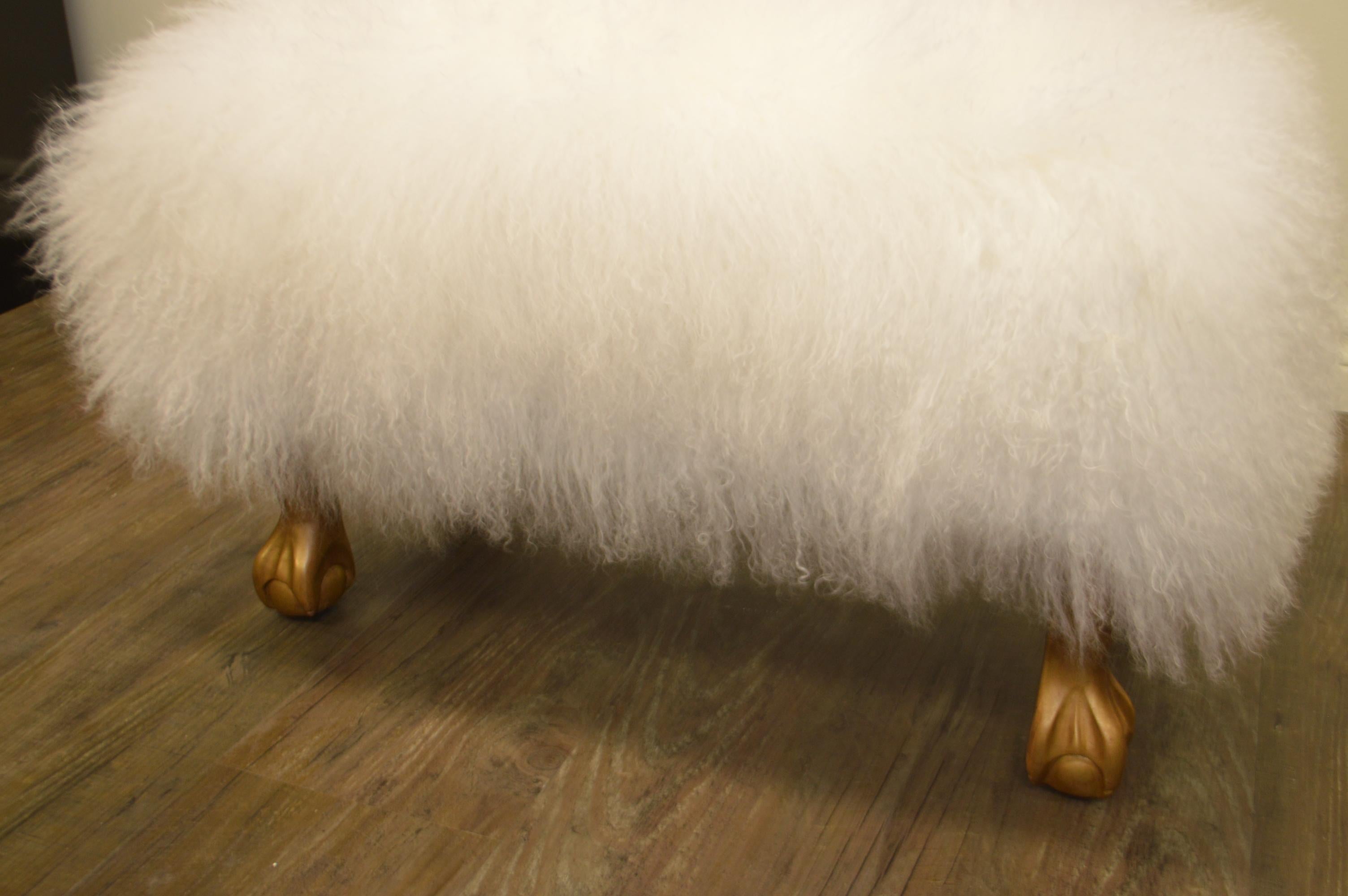 Contemporary White Curly Lambswool Skin Ottoman, on Gilded Legs, Custom Made