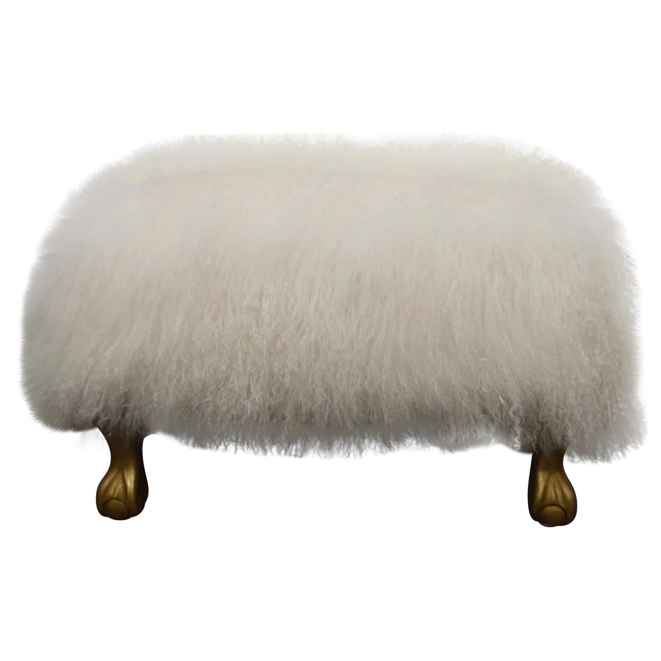 White Curly Lambswool Skin Ottoman, on Gilded Legs, Custom Made