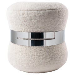 White Curly Shearling Ottoman with Shiny Nickeled Steel Band - C14